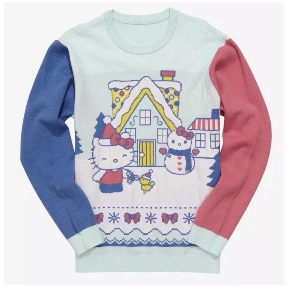 Hello Kitty Sanrio Sweater Winter Snow Scene Kawaii Cozy Holiday Graphic Size L